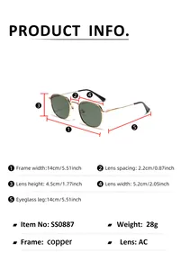 Size chart showing exact frame measurements for square vintage metal sunglasses