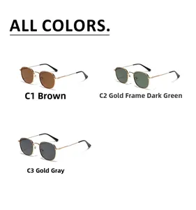 Close-up of three retro slim frame sunglasses in tea, dark green and grey lenses