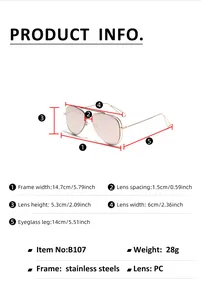 Tableau des tailles pour lunettes aviateur montrant les dimensions et les matériaux
