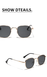 Detailed view of lightweight square gold metal sunglasses frame with dark lenses and CE marking