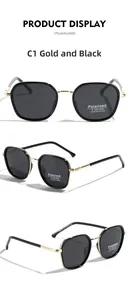Detailed close-up of polarized TR90 square sunglasses with gold metal textured temples