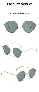 Vues détaillées de lunettes de soleil en métal doré avec verres gris vert sous plusieurs angles