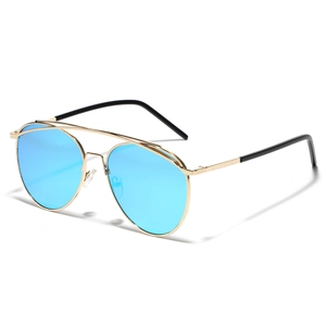 Classic pilot metal sunglasses with golden frame and blue mirrored lenses for men and women