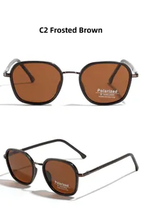 Macro view of matte brown TR90 polarized sunglasses showing UV400 protection labels