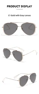 Vue en trois angles de lunettes de soleil pilote dorées avec verres gris et métal
