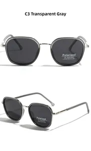 Detailed view of square TR90 polarized sunglasses in transparent grey with UV400 lenses