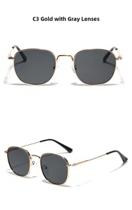 Detailed front and side view of square gold metal sunglasses with dark grey lenses