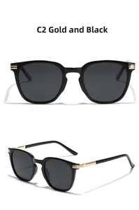 Detail view of square TR90 sunglasses in gold black with metallic temple accents
