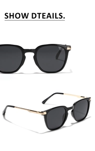 Detalle de gafas de sol polarizadas TR90 con montura negra y patillas de metal dorado