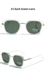 Detail of TR90 polarized sunglasses with silver metal frame and dark green lenses C5