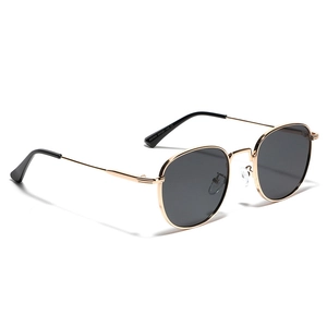 Retro square metal sunglasses with gold frame and dark gray lenses for men and women