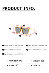 Size chart with dimensions for Y2K style oversized square frame sunglasses in PC material