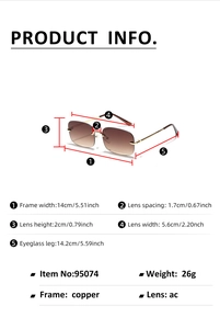 Detailed size chart of rimless Y2K sunglasses with copper frame and gradient lenses