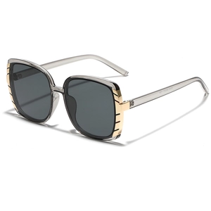 Square transparent grey oversized sunglasses with decorative gold side stripes