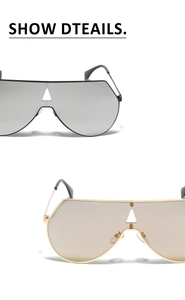 Dettaglio occhiali da sole oversize a maschera in metallo nero argento e oro marrone