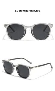 Detail of square TR90 sunglasses in transparent grey with dark grey polarized lenses