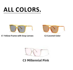 Three pairs of square Y2K oversized sunglasses in yellow, caramel and pink transparent frames