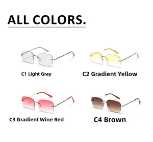 Frameless Y2K square sunglasses shown in light grey, yellow, burgundy and tea colors