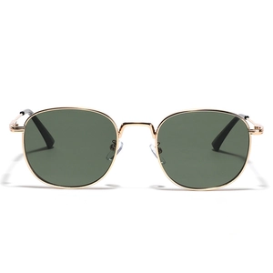 Retro small square gold metal frame sunglasses with dark green lenses on white background