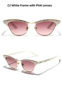 Détails lunettes œil de chat blanches avec strass et verres dégradés marron