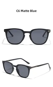 Detail of matte blue TR90 square sunglasses featuring silver metal hinge accents