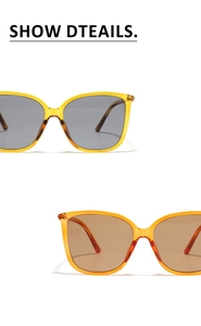 Detailed view of Y2K square sunglasses in transparent yellow and orange frames