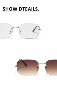 Detail view of rimless square sunglasses with clear and brown gradient lenses and gold metal frames