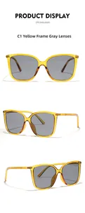 Detailed views of Y2K style square sunglasses with yellow frames and dark grey lenses