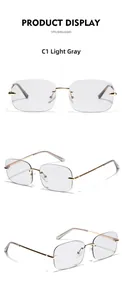 Detailed views of rimless Y2K square sunglasses with light grey lenses and gold metal frames
