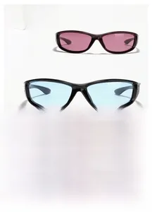 Close-up of Y2K futuristic square sunglasses with rivets and colorful lenses in 95263 style