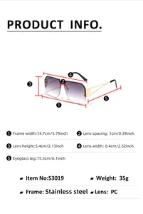 Size chart showing rimless square sunglasses dimensions with frame width and lens height