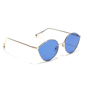 Lunettes de soleil ovales rétro avec monture fine en métal doré et verres bleu foncé