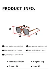 Detailed size guide for square frame sunglasses with frame and lens measurements