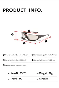 Detailed size chart for Y2K square rivet sunglasses showing frame dimensions and weight