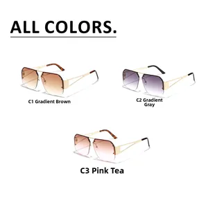 Close-up of rimless square sunglasses in gradient brown, grey, and tea pink metal frames