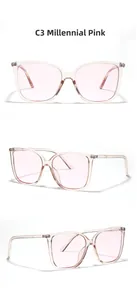 Detail view of pink transparent square sunglasses frame with C3 millennium pink tinted lenses