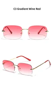 Detail view of rimless Y2K square sunglasses with gradient wine red lenses and gold metal temples