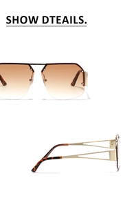 Detail of rimless square sunglasses with gradient brown lenses and gold metal temples
