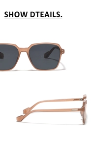 Detail view of square champagne sunglasses frames and dimensions printed on temple