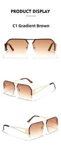 Three-way view of Y2K rimless square sunglasses with brown gradient lenses and gold temples