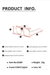 Detailed sizing chart and specifications for the square TR90 metal frame glasses