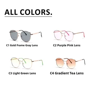 Collection of metal cat-eye sunglasses in gray, pink, light green, and brown lenses