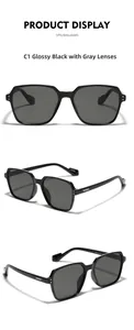 Detailed views of square oversized sunglasses with black frames and silver accents