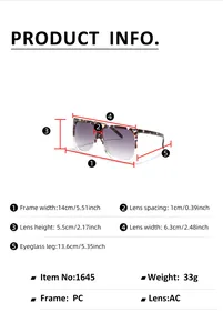 Detailed size guide for oversized square sunglasses with PC frame and AC lenses