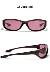 Detail view showing dark red square frame sunglasses with light purple lenses and CE logo