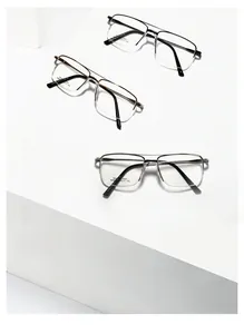 Detailed view of square metal semi-rimless eyeglass frames in black, silver, and gold finishes