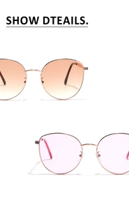Detail of round metal sunglasses showing gold alloy frames, nose pads and hinges