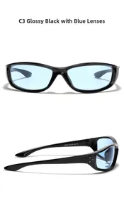 Close-up of black square Y2K sunglasses with blue lenses and CE model specifications