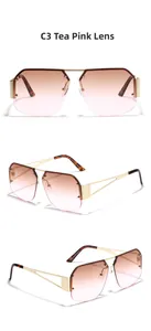 Detail view of tea pink gradient lenses and geometric hollow gold metal frames