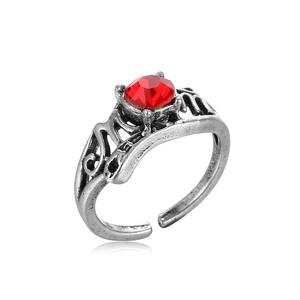 Vintage silver-tone MOM ring with large red ruby crystal in adjustable open design